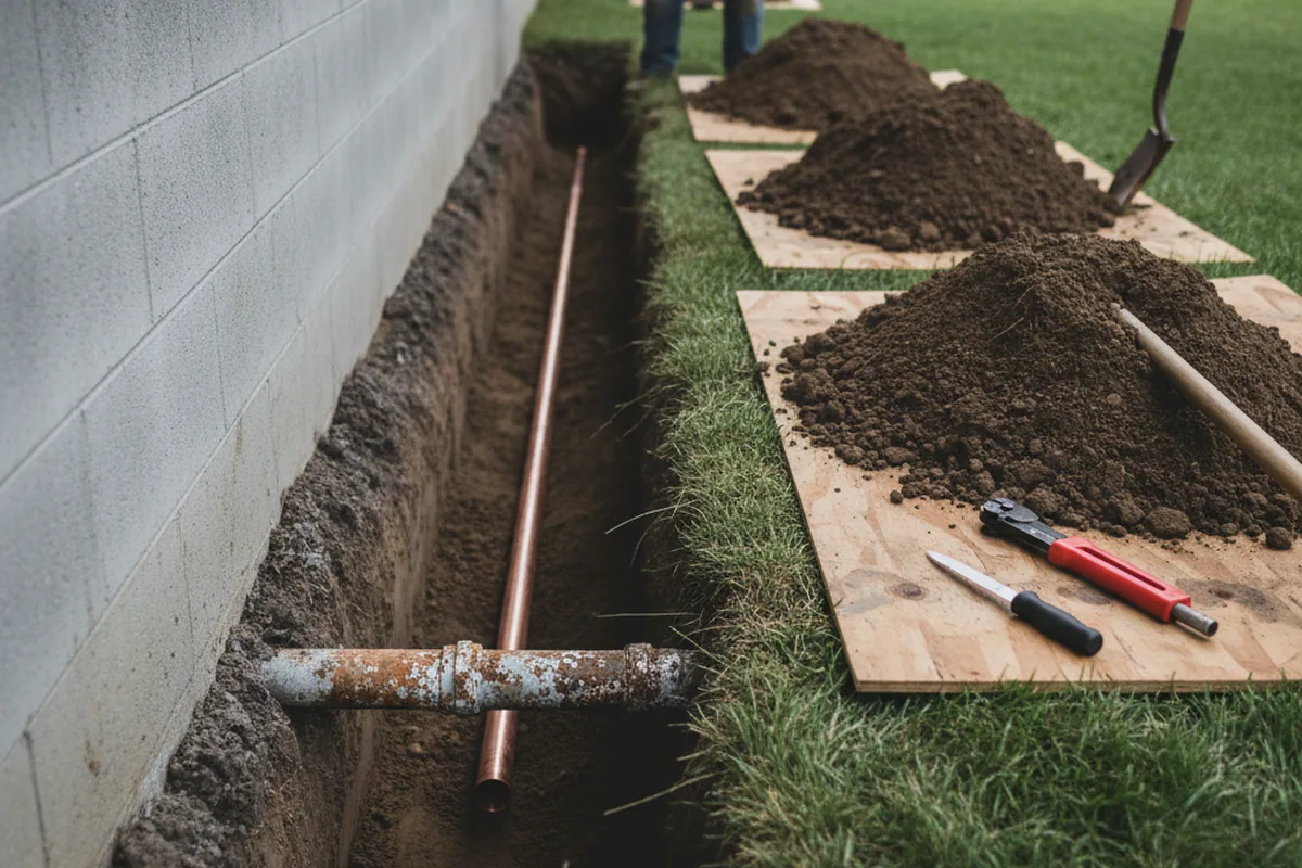 Excavated water line trench during Water Softener Installation in Harbor View
